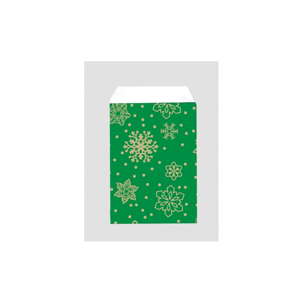 Punga mercerie verde imprimata fulgi de nea - 7x12cm - 250 buc